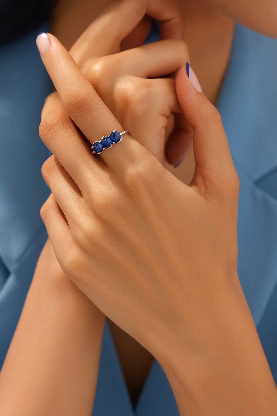 Three Stone Blue Sapphire Ring